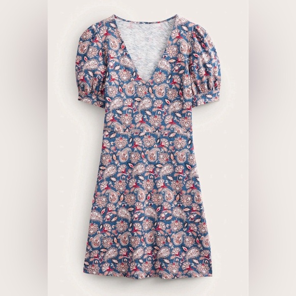 Boden Women’s  V-Neck Jersey Mini Dress Navy Paisley Terrace - Size 14 - Picture 10 of 10